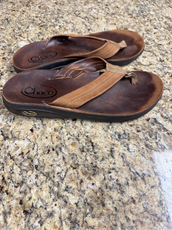 Chaco Brown and Tan Leather Flip Flops